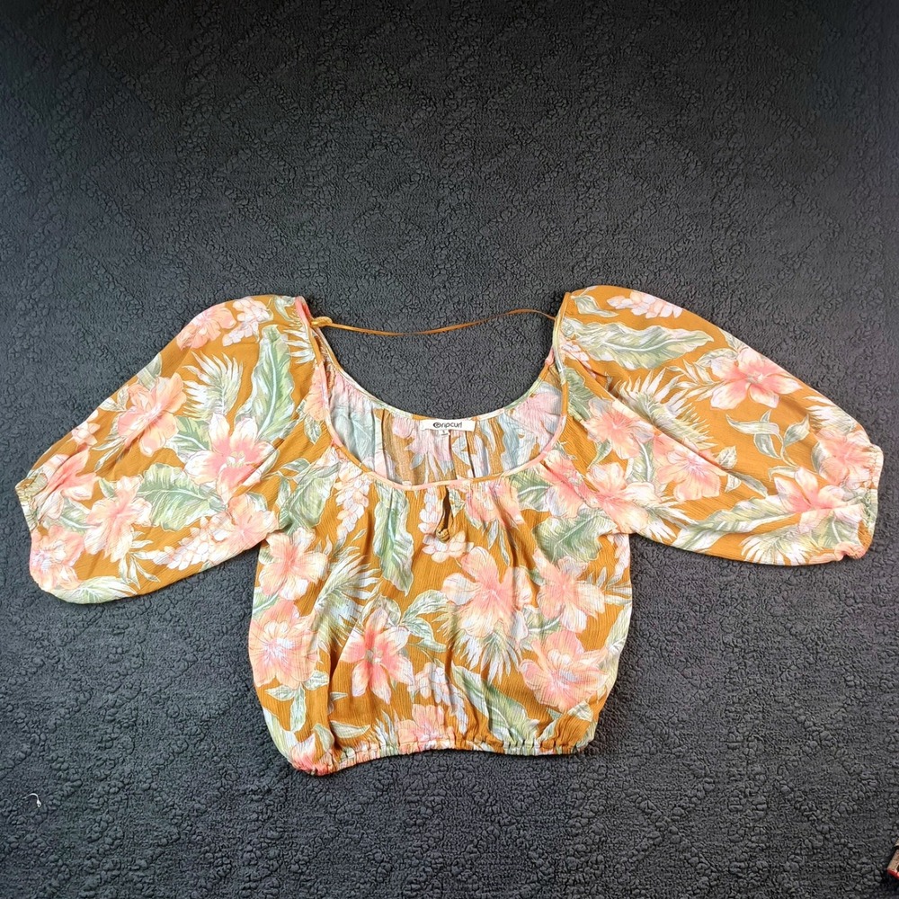 Rip Curl Women's Small Tropical Floral Puff Sleeve Crop Top Mustard Yellow Boho